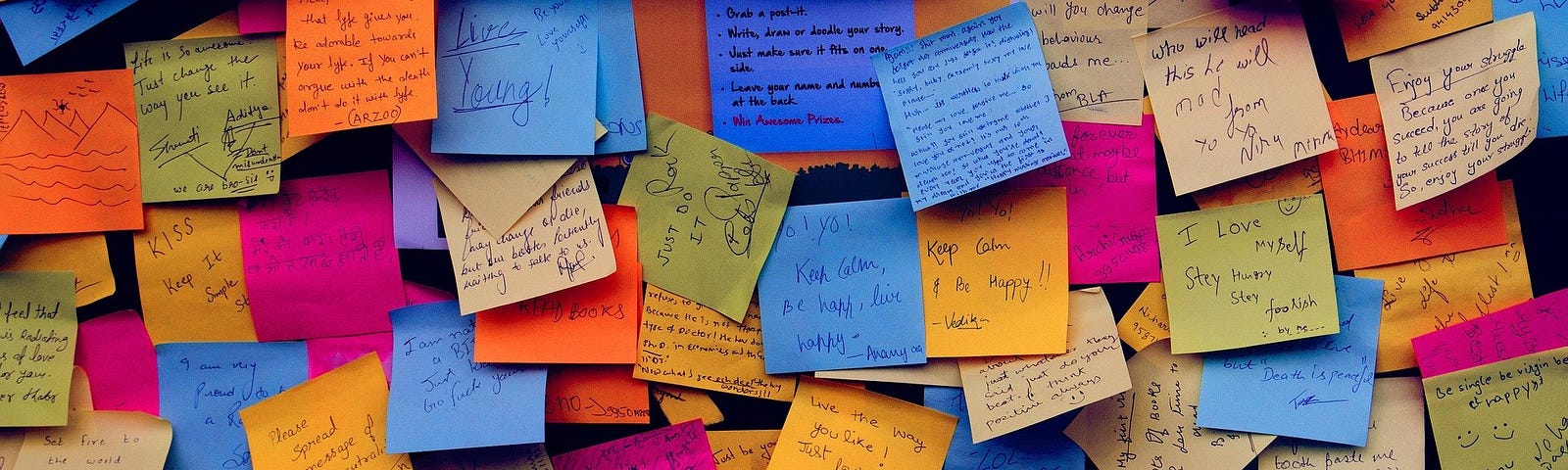 A haphazard collection of post-it notes on a wall.