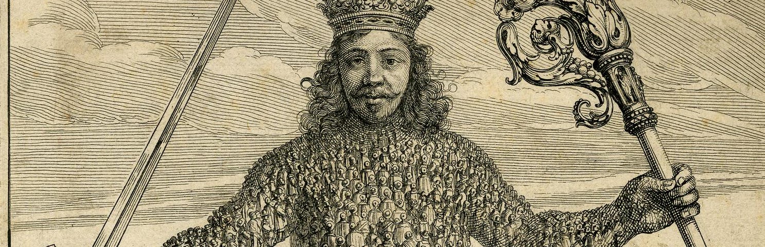 A giant man, with a body that is made of a mass of smaller people, wears a crown and holds a sword in one hand and a staff in the other.