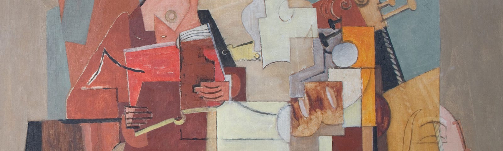 A person reading at a desk. Cubistic style of painting