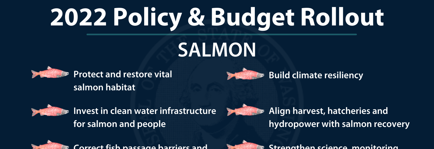 Protect & restore vital salmon habitat, invest in clean water infrastructure for salmon & people, correct fish passage barriers & restore salmon access to historical habitat, build climate resiliency, align harvest, hatcheries & hydropower with salmon recovery, strengthen science, monitoring, and accountability.