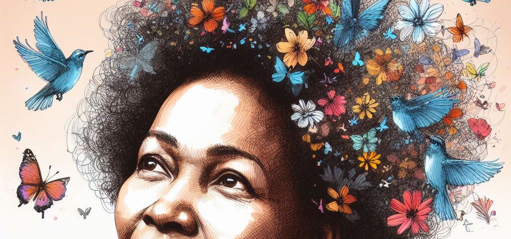 An AI-generated illustration of a black African woman ’s smiling face. She is looking up and to the left and is surrounded by blue birds, butterflies and flowers.