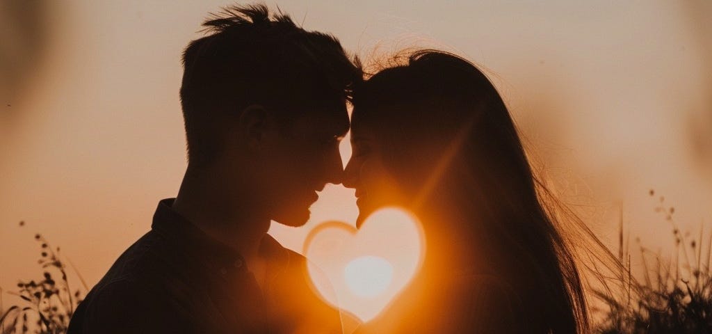 Couple embraces at sunset.