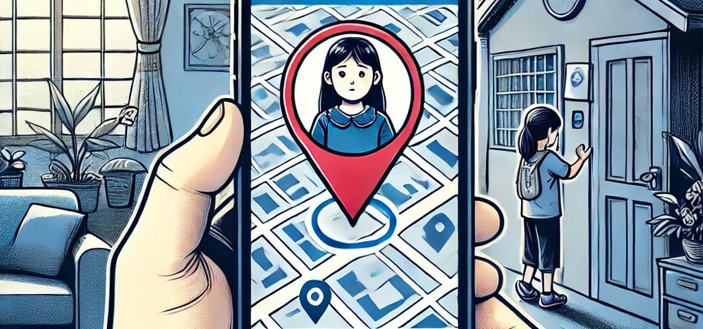 IMAGE: An illustration depicting a parent geolocating their teenage daughter on a smartphone, with a typical home setting in the background. The image highlights the use of technology for parental monitoring in a visually engaging and relatable comic style