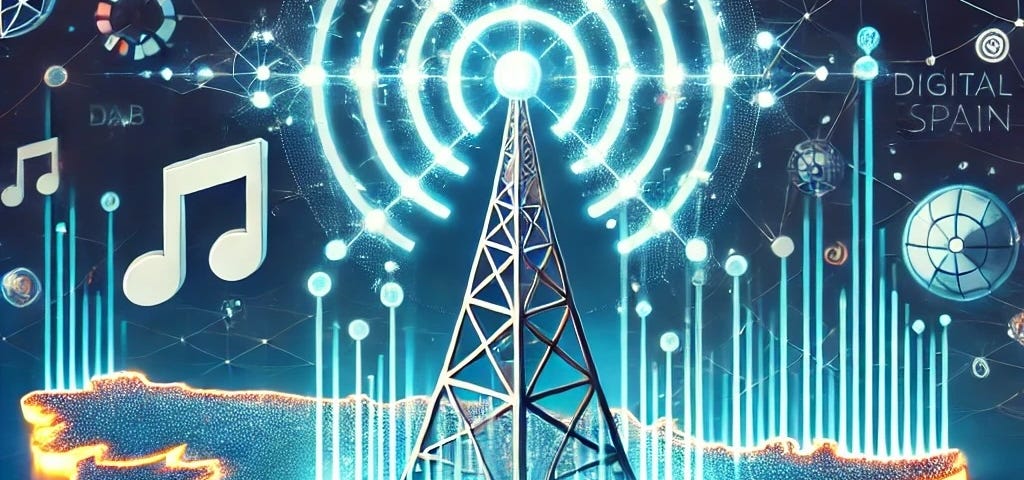 IMAGE: An illustration representing the adoption of digital radio (DAB) in Spain, featuring a modern radio tower emitting digital signals across the country