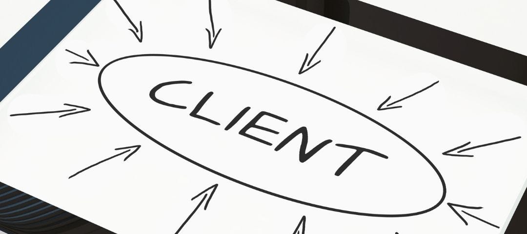 Tablet with the word “client” written and circled in the middle with arrows pointing toward it