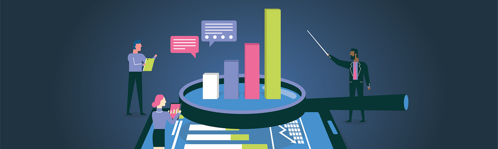 Illustration of business people looking at a giant graph