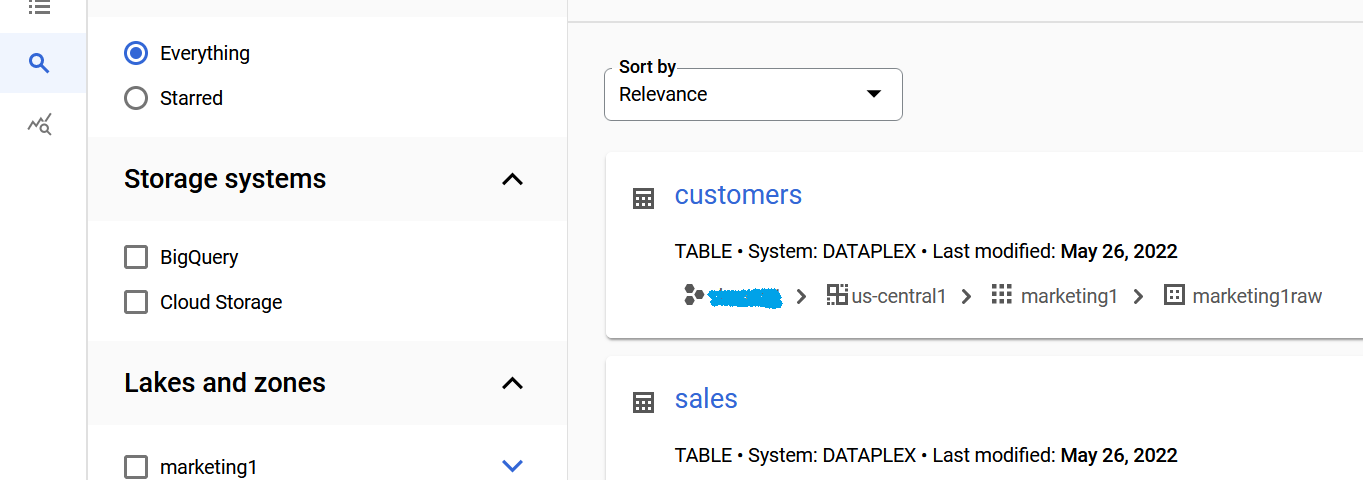 Dataplex table entities representing GCS bucket assets