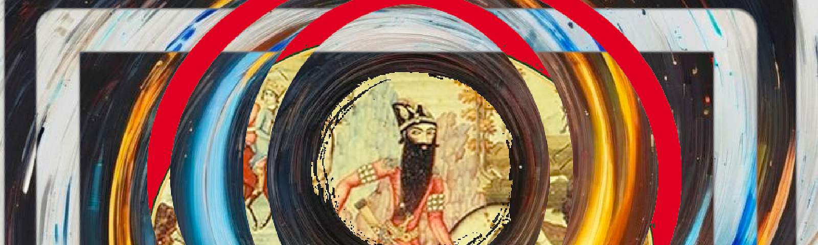 a bearded fellow, perhaps Persian in the center of a number of swirling concentric rings of color, over-layed on some rectangles of color.