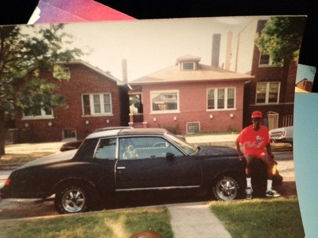 The author and his first car, a 1979 Chevy Monte Carlo, on a Chicago side street.