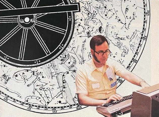 A dated image of A nerdy man with sideburn chops and a pocket protector sits at a very old computer from the 60’s or 70’s as the wheels of creativity spin behind him. This image was created by hand with cut and paste techniques using an exacto knife and glue. It is part of the forced association work by Michael Griffith
