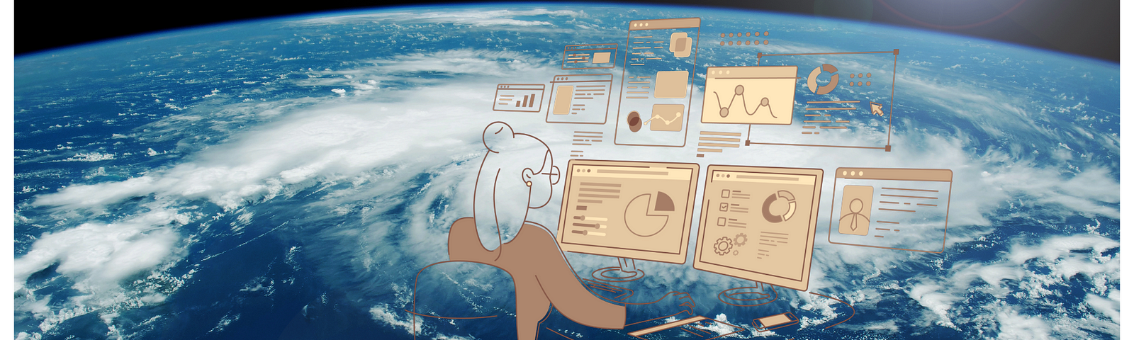 Illustration of a researcher examining climate data on multiple screens with a view of Earth from space, symbolizing the effort to understand and predict climate tipping points