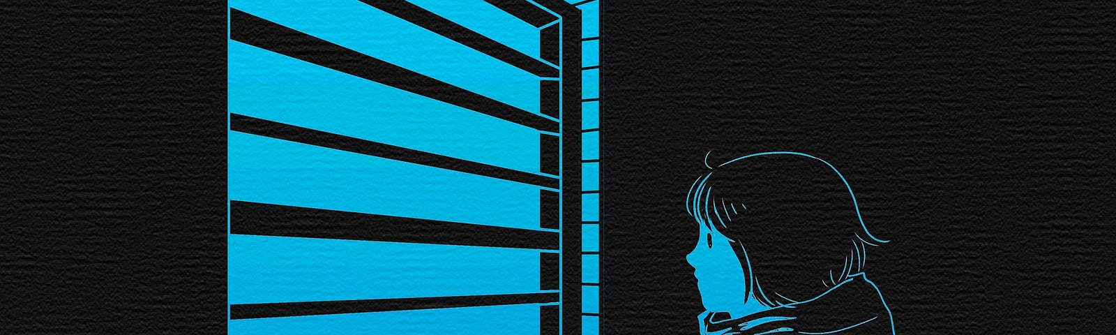 A black and turquoise digital illustration of someone bundled in a coat looking through a window