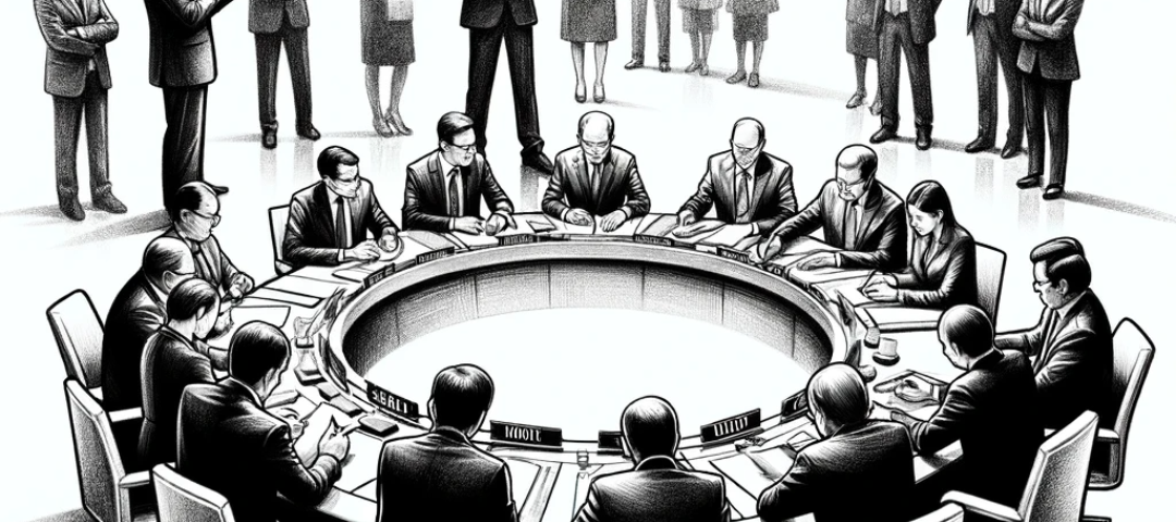 Image depicting a group of UN officials sitting around a round table in discussion, with another group of people standing and looking down at them.