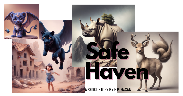 a picture of a baby black panther with wings, another picture of a grown panther with wings flying over or alongside a happy little girl running through a broken village, a rhino on a mountain and a dear with 3 tails. There is also a text overlay of “Safe Haven: a Short Story by E.P. Hasan”.