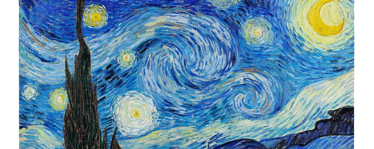 The Starry Night, by Van Gogh, is an oil painting depicting a vivid set of stars against a night sky with a small village underneath. It is noted for its Impressionist qualities — the lines are roughly drawn giving only a taste of the actual subject, rather than a detailed image — and for its vivid use of yellow and blue pigment.