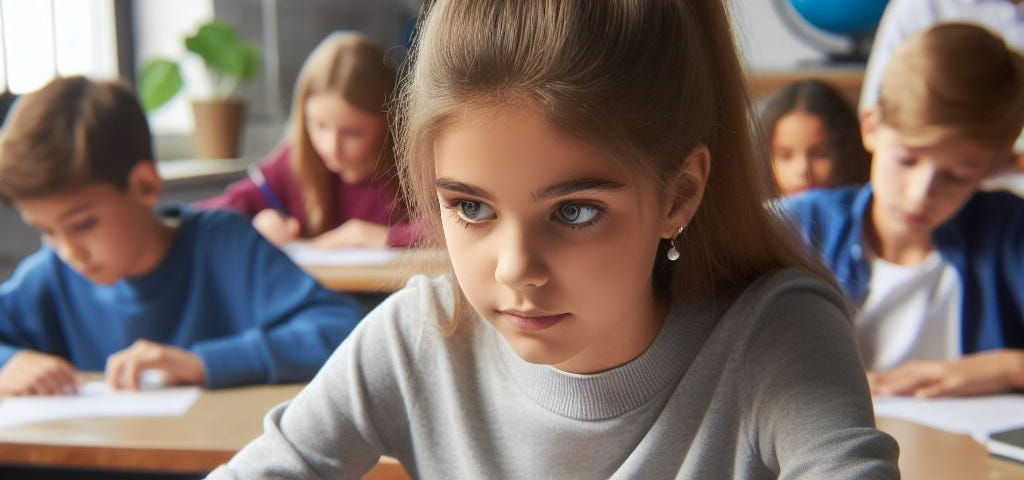 Generated by author with Bing.com using the following prompt: “a caucasian girl in 6th grade in the biology class cheating on a test by copying from a colleague, teacher was not present, all the other kids were focused on the test”