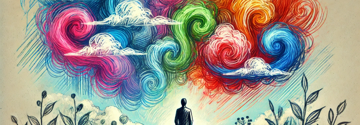 A colorful sketch in a rough style depicting a person standing on a path surrounded by swirling, vibrant clouds. The person appears contemplative, with their hands in pockets, looking towards the clouds. The clouds represent thoughts and emotions, swirling in different colors to show their transient nature. The background shows a peaceful, nature-inspired landscape with a few trees and a serene horizon, symbolizing inner peace and self-awareness.
