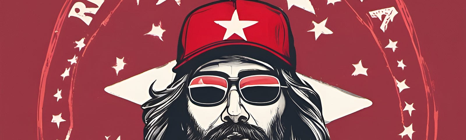 a man who looks like Jesus in sunglasses and a red baseball cap