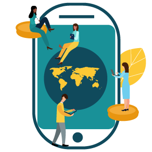 Illustration of four learners with mobile devices placed around a large globe displayed on an oversized mobile phone.