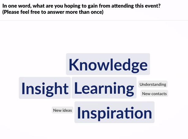 We asked leaders at the event ‘What COP26 means for the public sector’ for one word each to describe what they hoped to gain from attending. In our word cloud, the top four choices were ‘knowledge’, ‘insight’, ‘learning’ and ‘inspiration’. Other suggestions were ‘understanding’, ‘new contacts’ and ‘new ideas’.