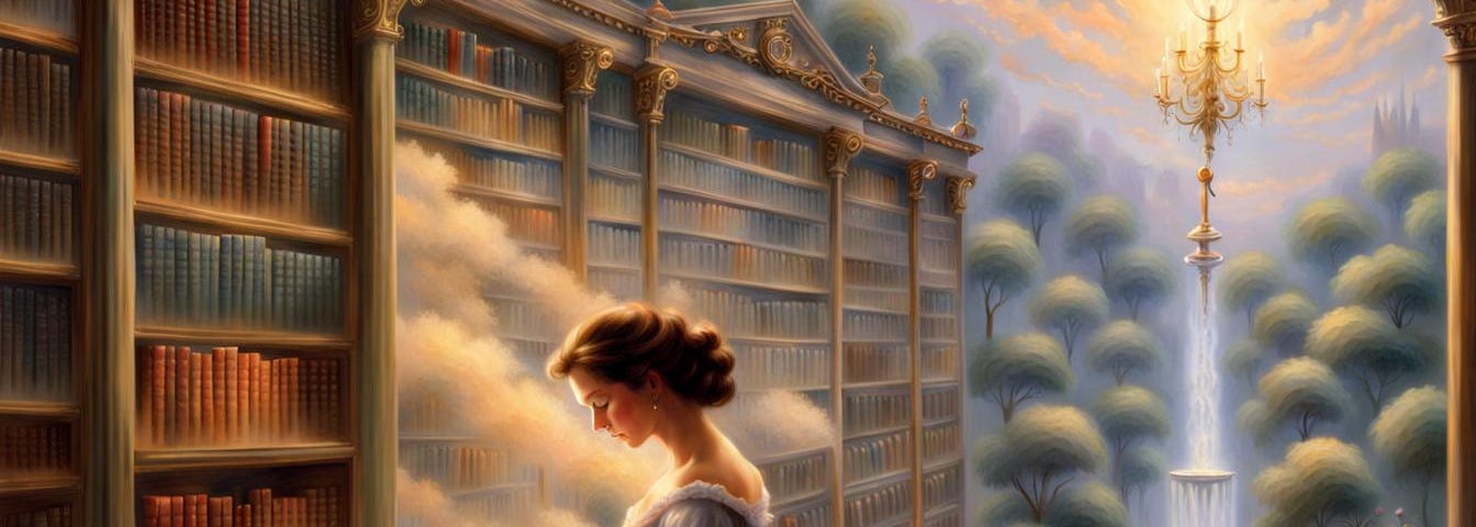 Large library of books, woman gazing at the books in wonder