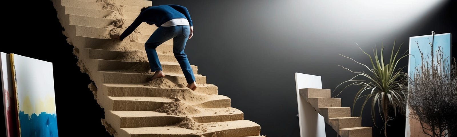 person trying to climb a staircase made of shifting sand. The steps constantly crumble and reform, making progress impossible.