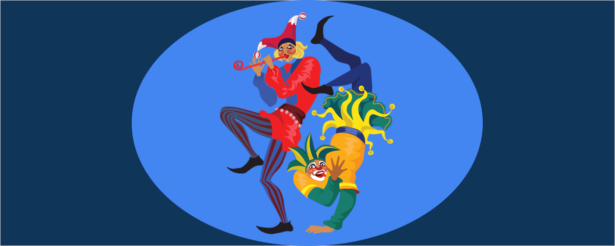 Renaissance performers, brightly dressed commedia dell’arte style