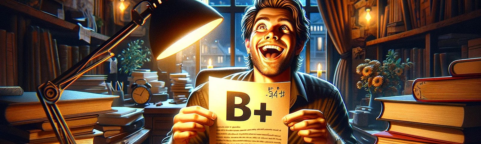 A writer hunched over his desk holding up a paper marked with a giant B+. He is ecstatic that he has scored this grade.