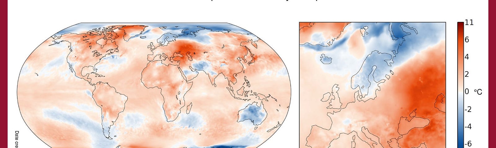 This is a map of the globe with many red zones, indicating warming-than-average temperatures for April. Eastern Europe and Canada are especially red; the only blue spots are north of Scandinavia and near the Antarctic.