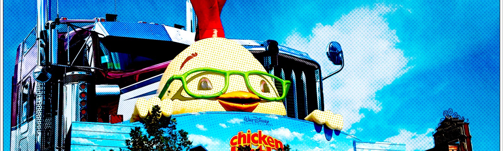 A Mac truck threatens a Chicken Little display