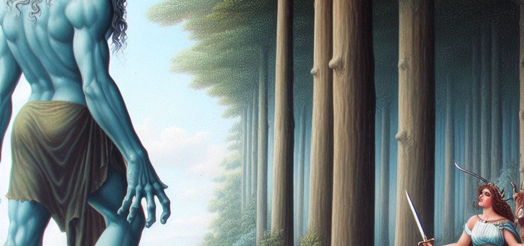 Dall-E AI art of the Pale Blue Giant facing off with Athena and Artemis at the forest edge.