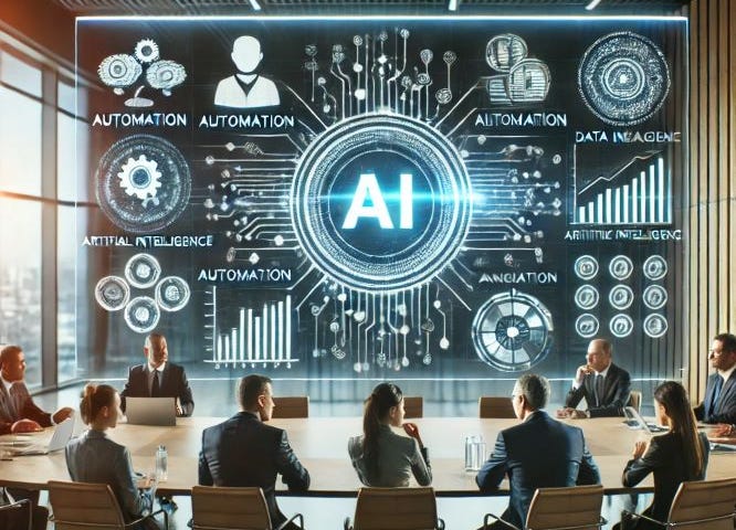 The image shows a modern business conference room where company leaders and experts are discussing the benefits and necessity of Artificial Intelligence (AI) for businesses, with a holographic projection displaying various AI applications