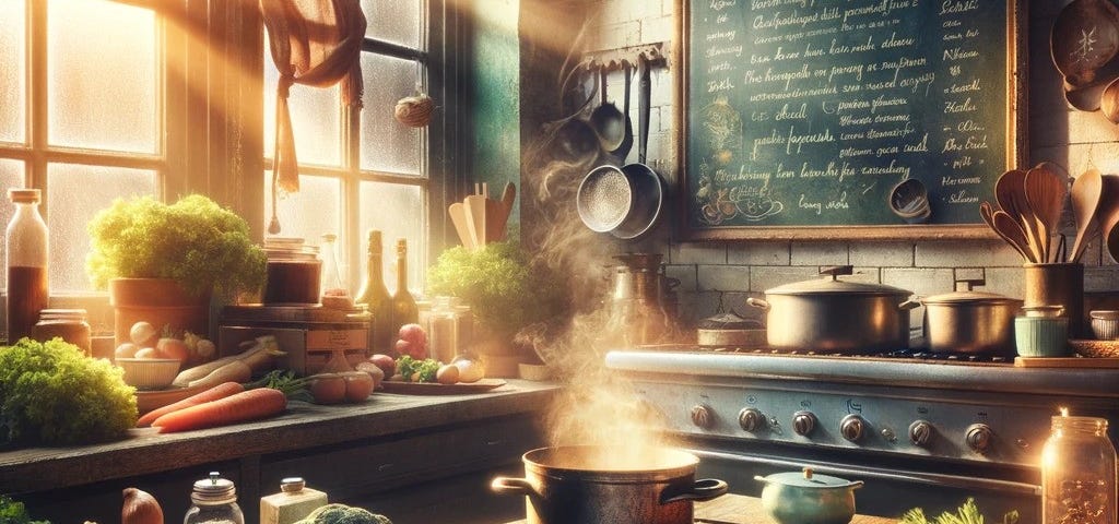 Image of a kitchen with lots of vegetables, pots on the stove and a book in the foreground.