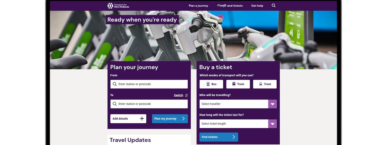 The homepage of the new Transport for West Midlands website