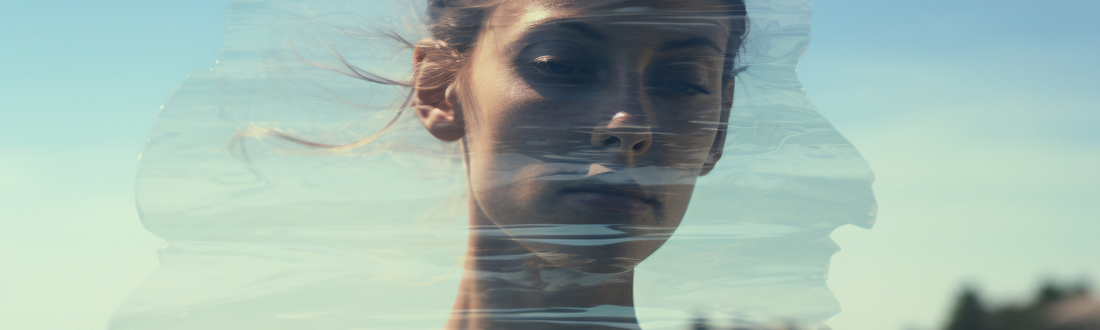 a sad women standing by the water, the image is blurred and you can see blue sky and a beach in the background. The woman is looking down and appears sad.