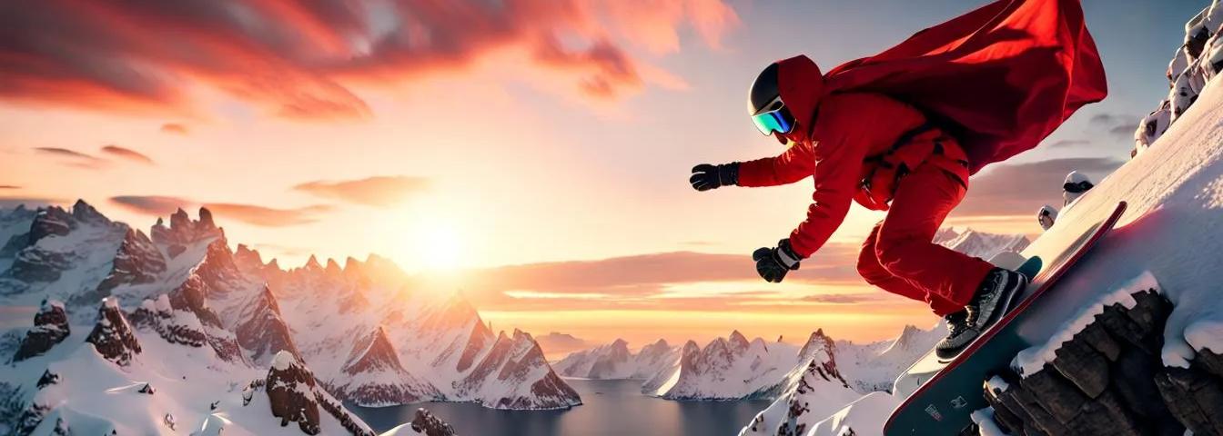 Skier in a red outfit going down a steep slope among some icy mountains, with the Sun rising or setting in the background.