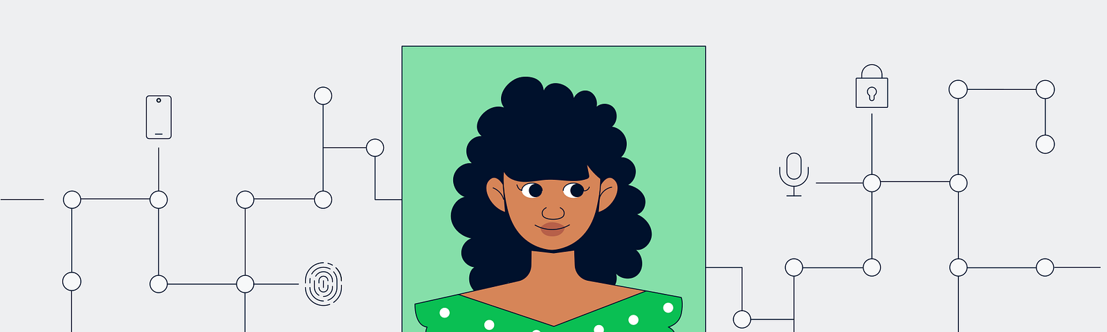 Illustration of a potrait picture of a person. The picture has a green background. The person wears a top with green color and white polka dots. This potrait has different lines connecting to its edges. The lines terminate with illustrations of credit card, finger print, microphone, padlock etc.