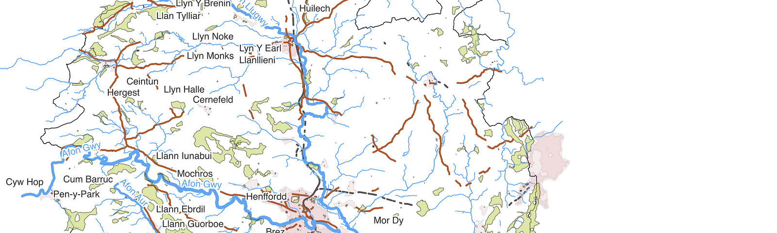 A simplified map of Herefordshire showing the main rivers, patches of green and Welsh names which occur almost entirely to the left hand side of the map and are more concentrated at the bottom