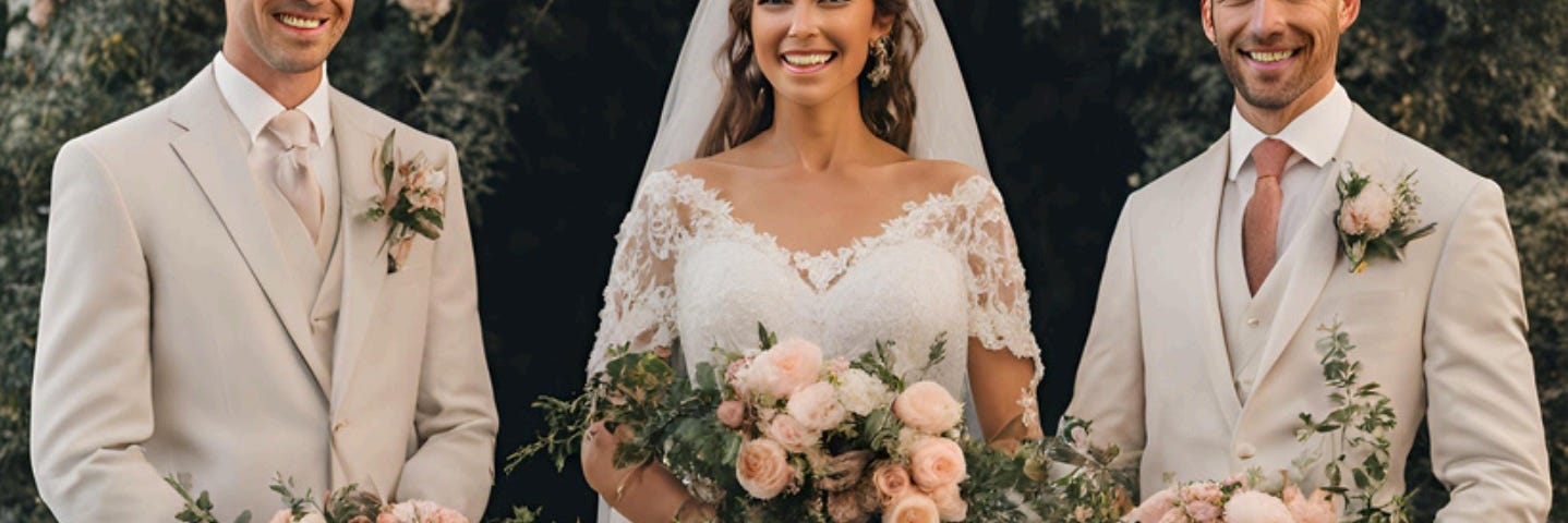 Colour image of a bride and two grooms, all smiling