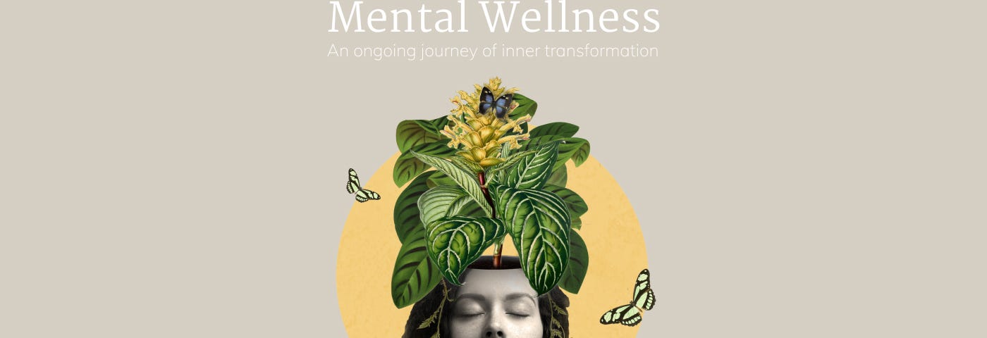 Masawa’s artwork depicting a woman and a flower growing from her head. The headline says “mental wellness: an ongoing journey of inner transformation”