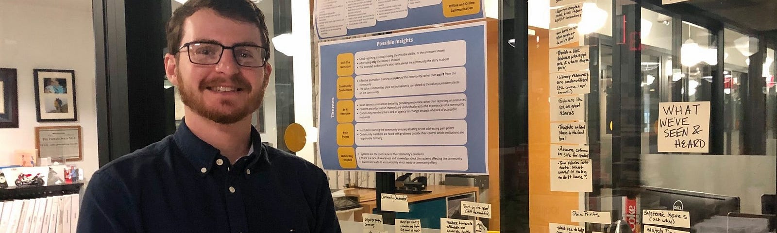 Andrew Weiler posing next to his human centered design research data at Berkeleyside last Fall