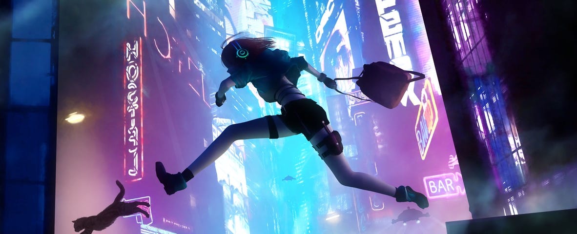 Image: The silhouette of someone leaping from one ledge to another against a backdrop of brith neon city lights. A black cat has landed just in front of them.