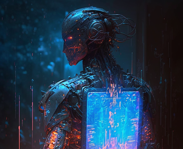Cyberpunk futuristic robot programming on a hologram screen, epic art