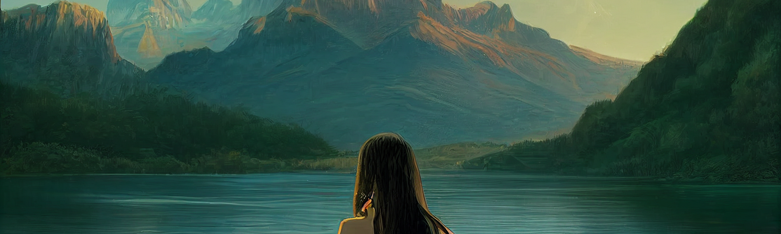 A woman in a lake, mountains in the background