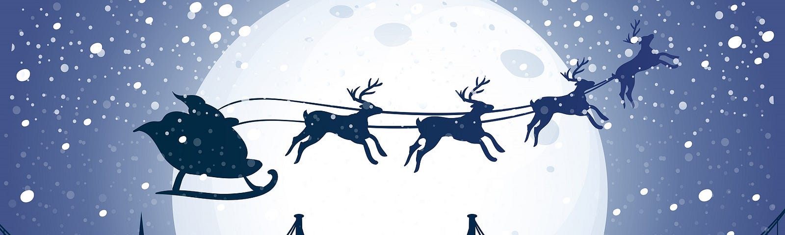 Silhouette santa and reindeer flying night sky.