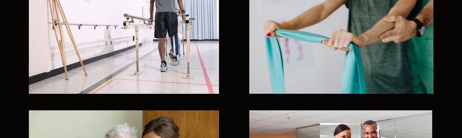 Four images of people in physical rehab. A man walks between parallel bars. A woman exercises with theraband, therapists asist a woman writing and a man walking.