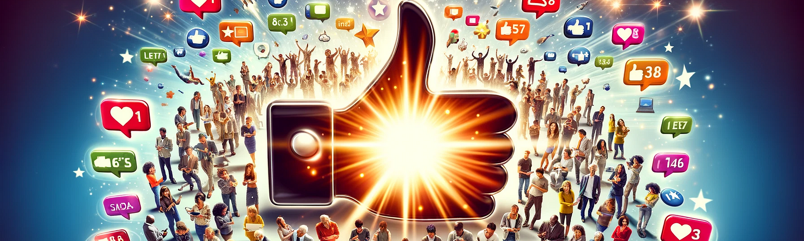A vibrant depiction of people from different backgrounds engaging with digital content on various devices, encircled by a central ‘thumbs up’ sign, highlighting the essence of social proof in the digital realm.