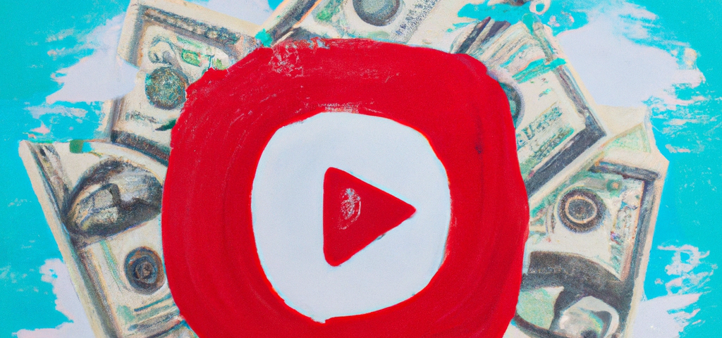 Digital art of the YouTube play button over American cash on a light blue background.