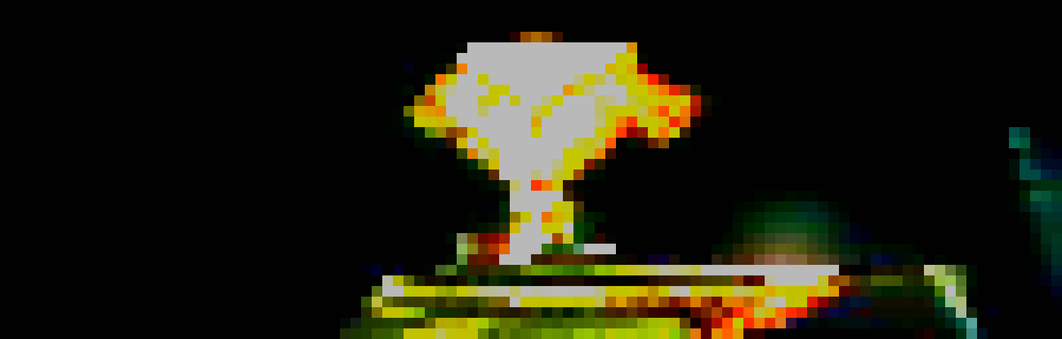 pixellated image generated by AI: a white-yellow shape that looks like an owl perches on what looks like a green glass table