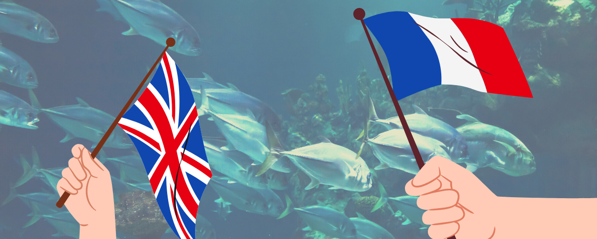 One hand waves a British flag, while another waves a French flag, with a background of fish swimming